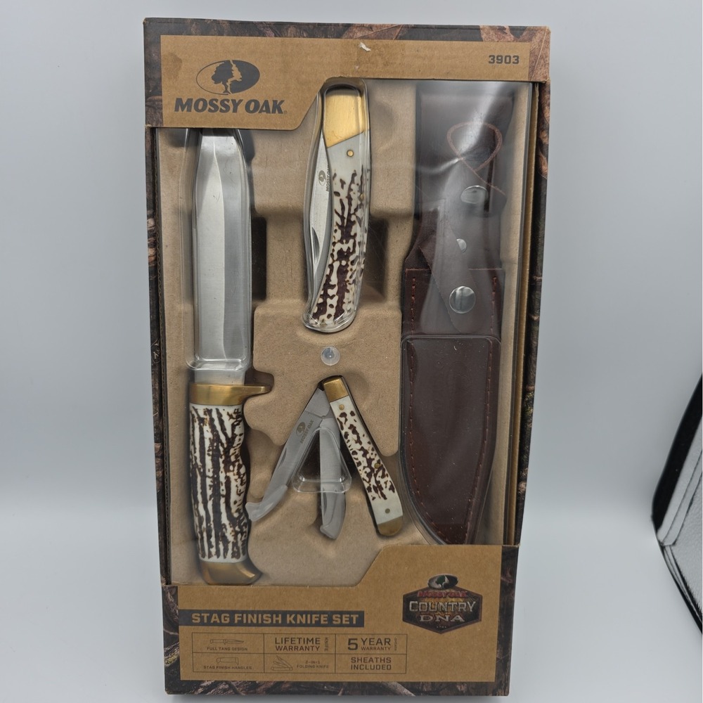Mossy Oak 3-Piece Stag Finish Knife Set with Stainless Steel Full Tang Blade